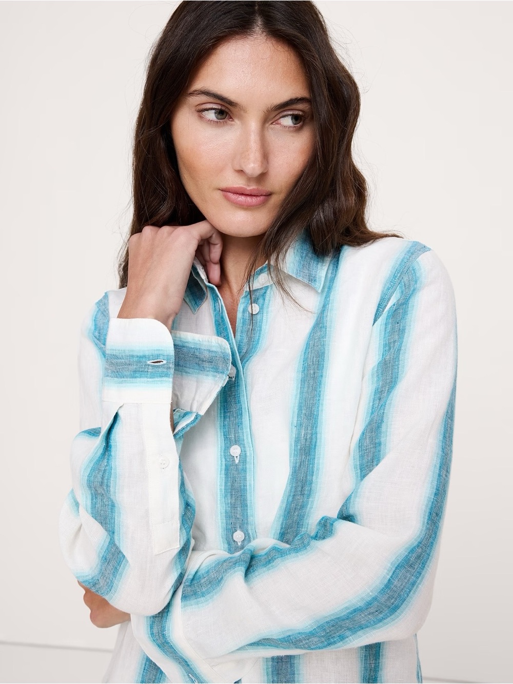 Banana Republic The Everyday Linen Shirt in Teal Stripe Size S